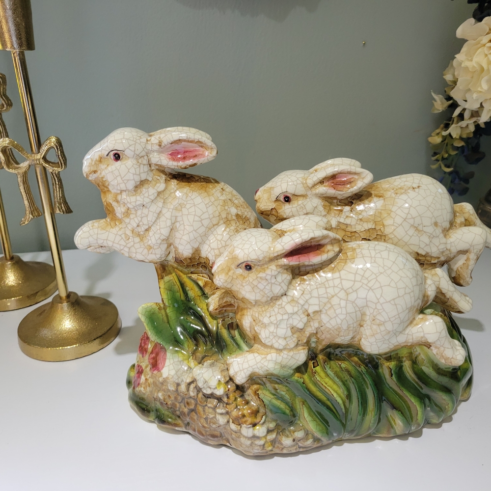 Ceramic Rabbit Trio on Floral Base